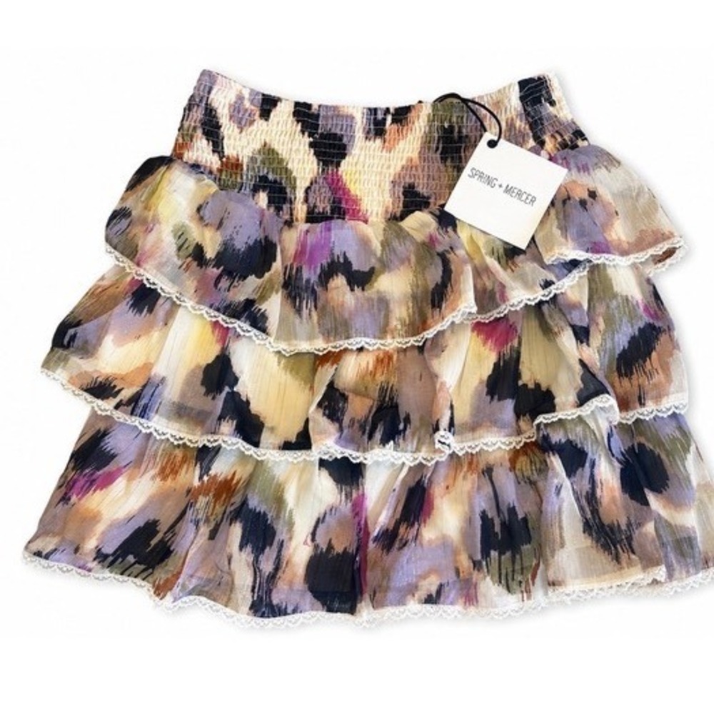 Spring + Mercer Abstract Print Tiered Ruffle Mini Skirt Smocked Waist Small NEW